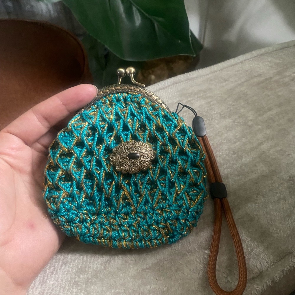 Handcrafted Teal and Gold Crochet Coin Purse